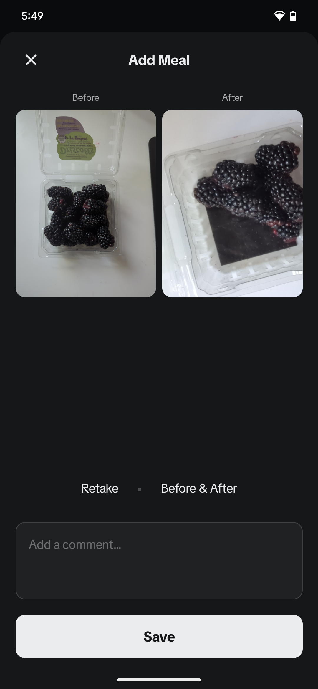 Add meal page when Before & After feature is used